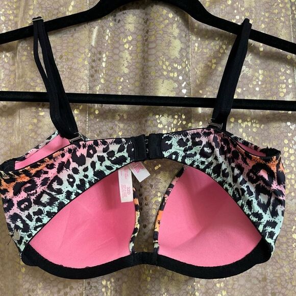PINK Victorias Secret Colorful Leopard Heartbreaker Plunge Push Up Bra, 32D - Picture 2 of 6